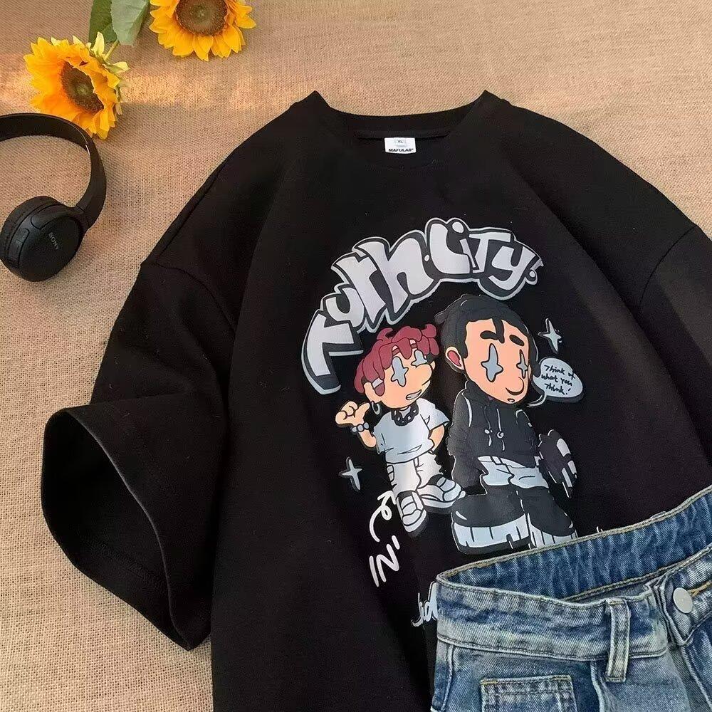 

Мужская летняя новая тенденция повседневной футболки с коротким рукавом, мужская студенческая свободная, свободная, сто потов, влагоотводящая, выстиранная, делающая старый ветер, топы L чёрный