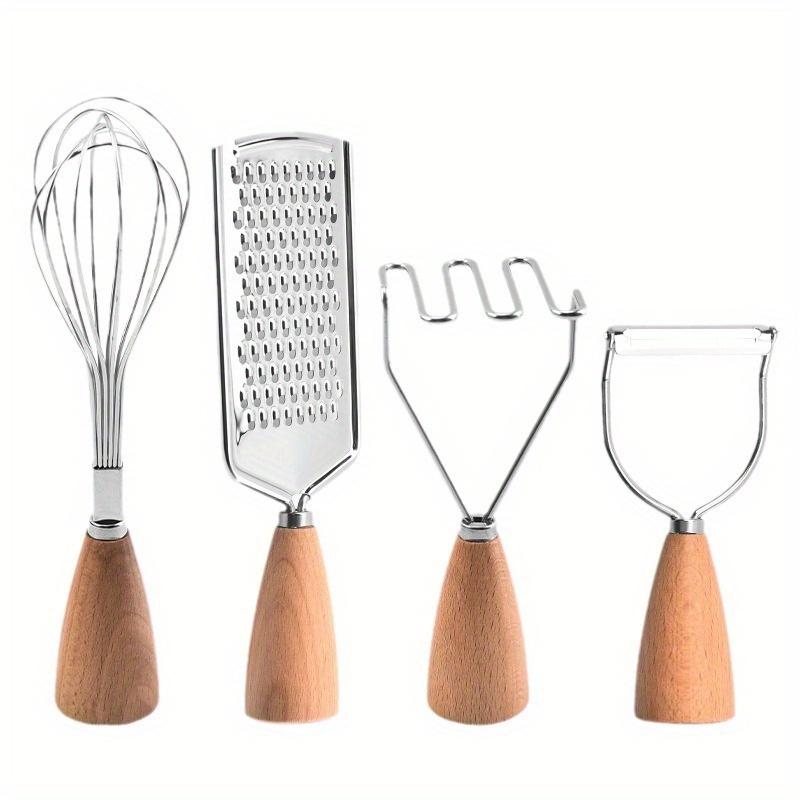 

4 шт./набор из нержавеющей стали: дынерезка, сырорезка, овощечистка, деревянная ручка, пресс для картофеля, венчик для взбивания яиц, кухонный инструмент с деревянной ручкой 4Pcs/set