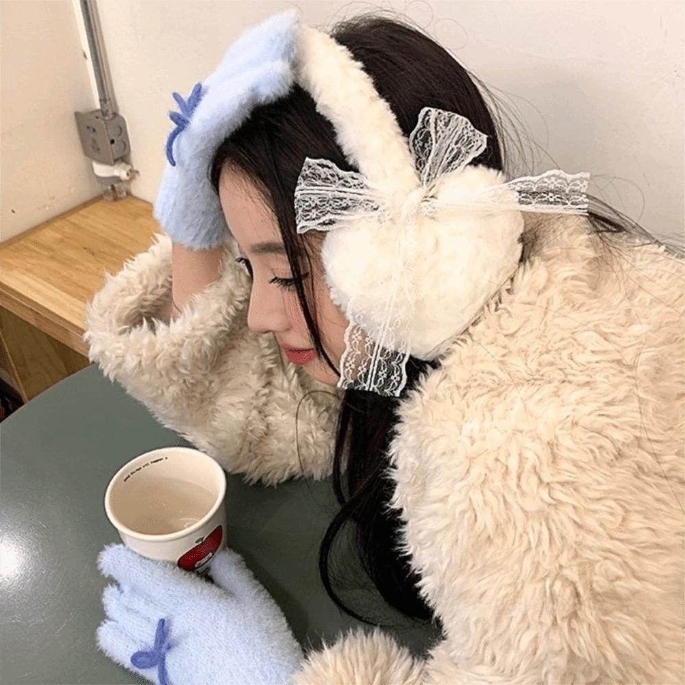 Căciuli de iarnă din pluș cu dantelă, acoperitoare groase pentru urechi, încălzitoare dulci pentru urechi cu fundă, pentru ciclism