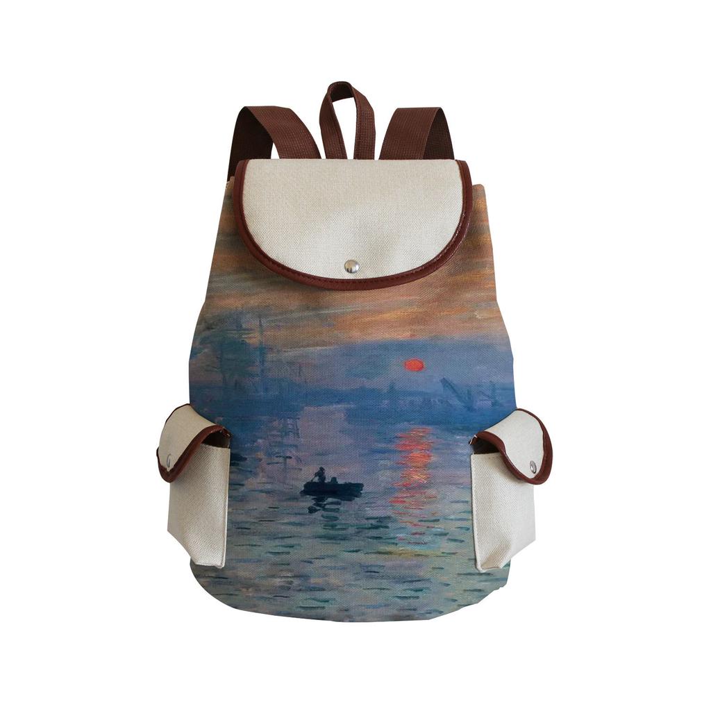Wind Creative Van Gogh Oil Painting Print Backpack, Large-Capacity Student Schoolbag, Portable Travel Backpack