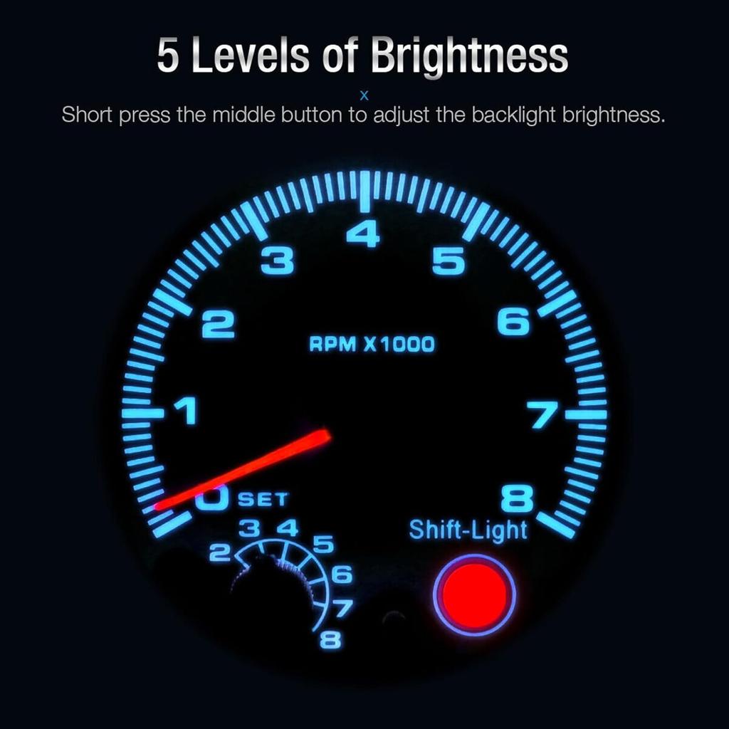 GoolRC Tachometer Gauge, 3.75'' Car Universal Silver Tachometer Gauge Blue Inter Shift light 0-8000 RPM, LED Background Light