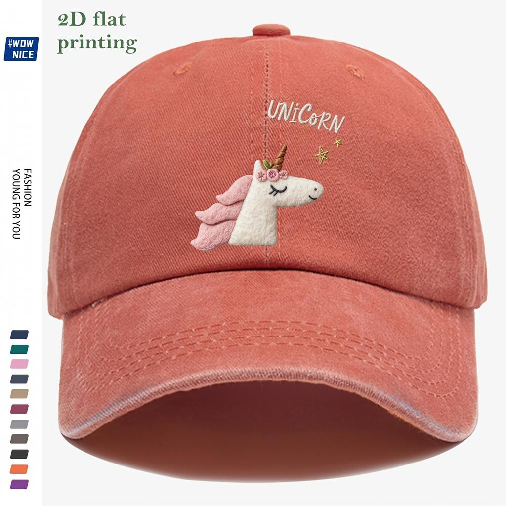 D Flat  pc Unicorn Cartoon Flat DD Flat Printed Baseball Cap Cute Plush Unicorn Head Design Pink And White Color Matching