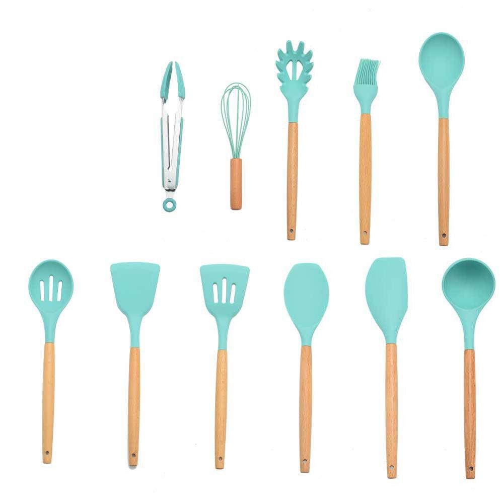12pcs Green Silicone Kitchen Ware Shovel Spoon Kitchen Tool Spoon Storage Bucket Set