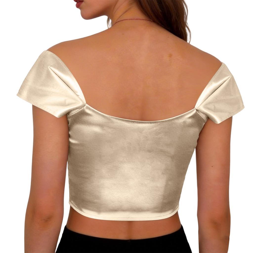 Women Satin Off Shoulder Corset Top Sleeveless Waist Cincher Bustier Blouse Summer Fashion Slim Fit Shirt