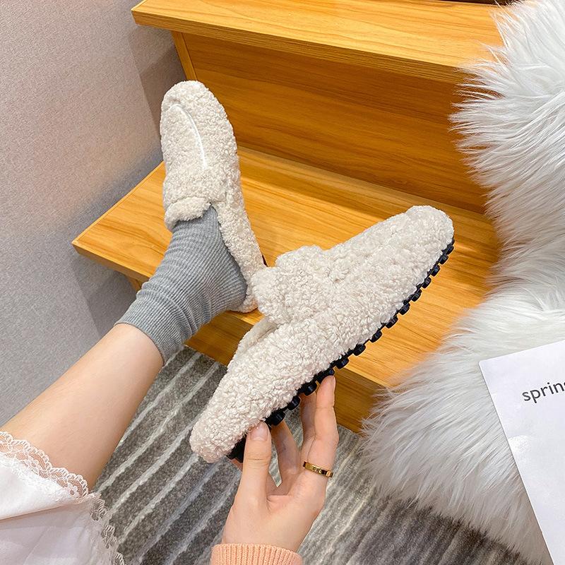 Fashion Winter Warm Plush Mules Women One Band Fur Slippers Cozy Cotton Shoes Woman Flats Cover Toe Fleeces Slides Femme Wool Pantuflas