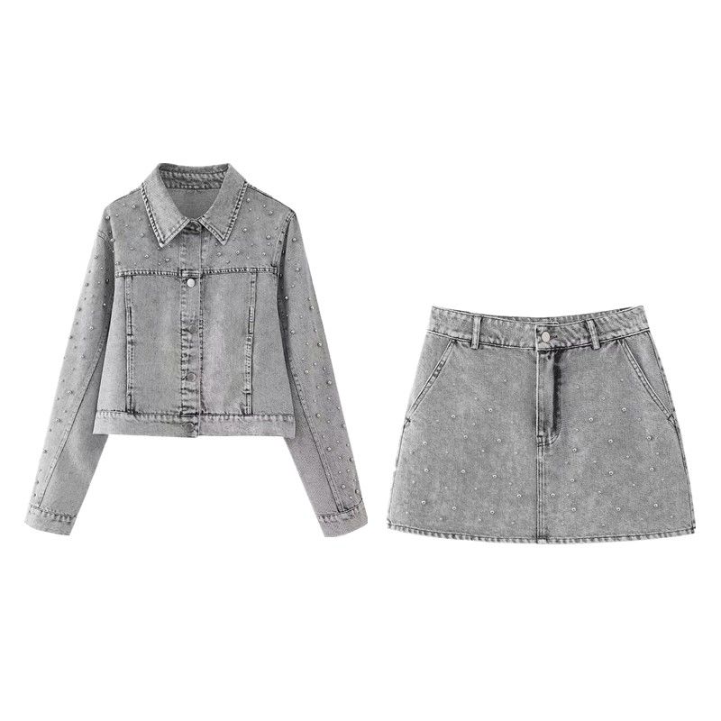 Fashion Style 2024 Spring Women's Pearl Denim Jacket Loose Lapels Distressed Outwear High Waist Skirt 5862065