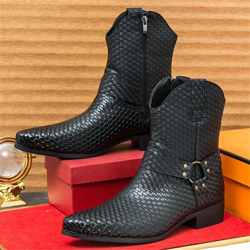 New Winter Fashion Pointed Toe Knit Pattern Chelsea Ankle Boots Men's Casual Luxury Brand High-top Shoes Zapatos Hombre