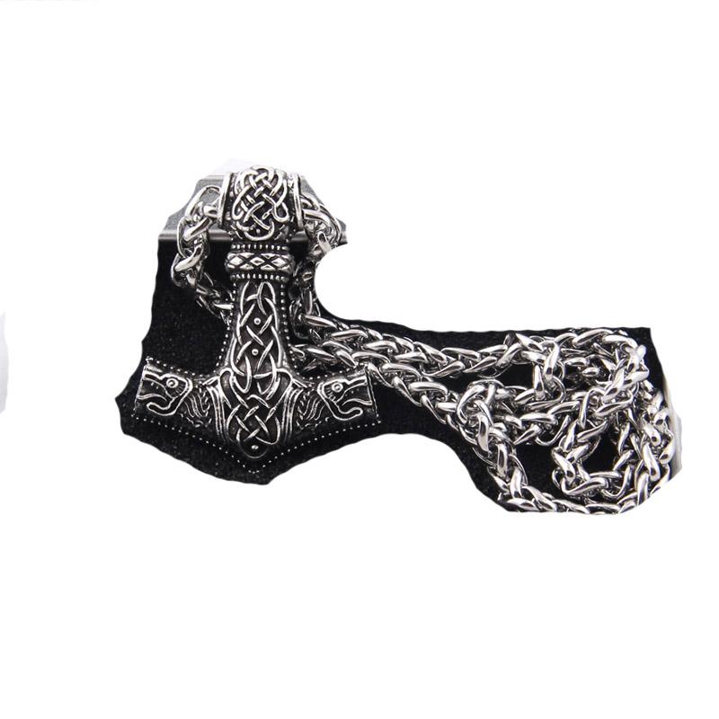 Huge Wolf Thor Hammer Necklace Mjolnir Viking Amulet Pendant Norse Jewelry with Steel Chain