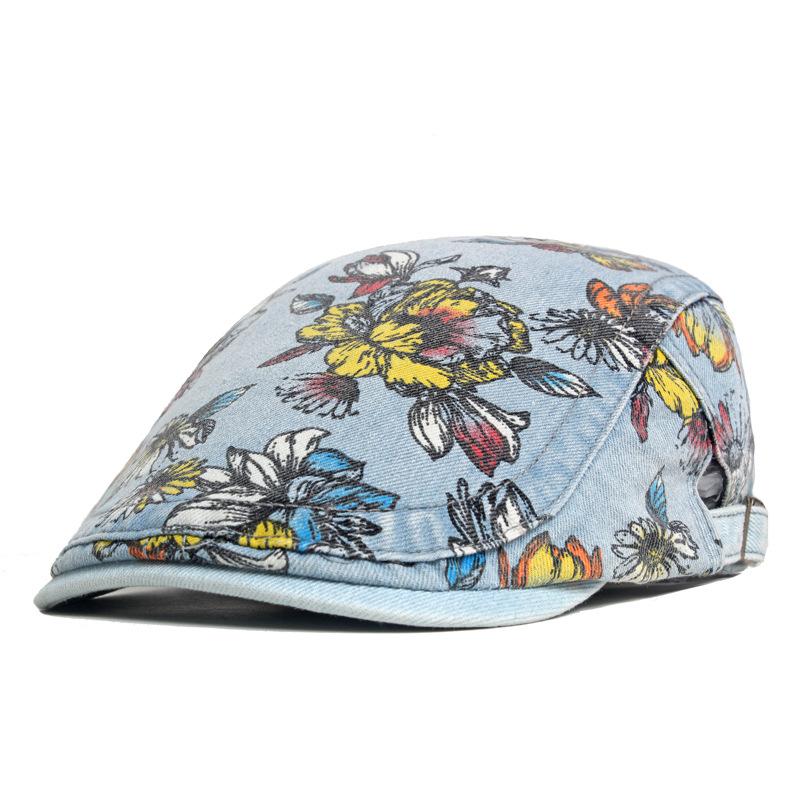 

Джинсовый берет с цветком пиона, женская кепка с принтом, шляпа художника, кепка газетчика светло-синий