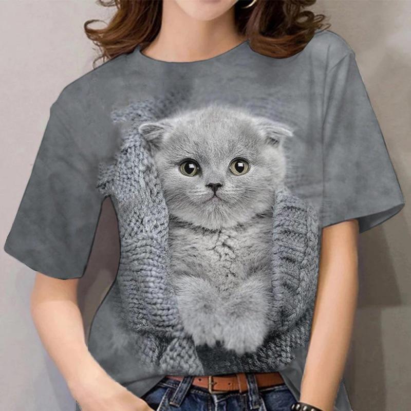 Cartoon Cat T-shirt Cute Cat Animal 3D Printed Women's Short Sleeves