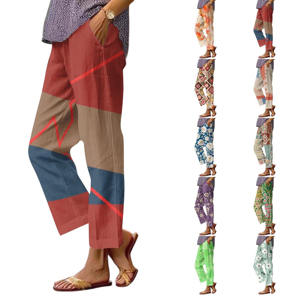 Dámské ležérní módní kalhoty s rovnými nohavicemi s květinovým potiskem, kalhoty s kapsami