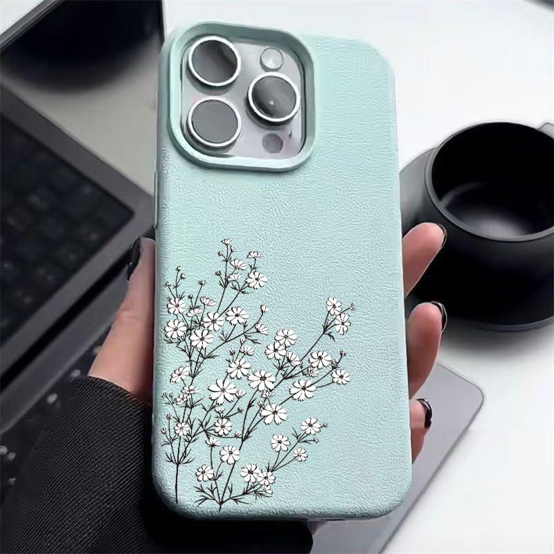 Matte, schlanke Handyhülle mit kleinem weißen Blumendruck für iPhone 16 Pro 15 Pro Max 14 13 12 11, TPU-Ledertextur, weiche, stoßfeste Stoßstangenabdeckung