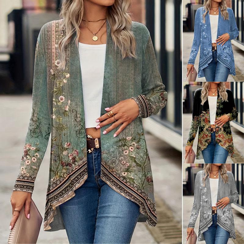 Women's Fall and Winter Fashion Casual Printed Long Sleeve Mid-Length Cardigan Jacket