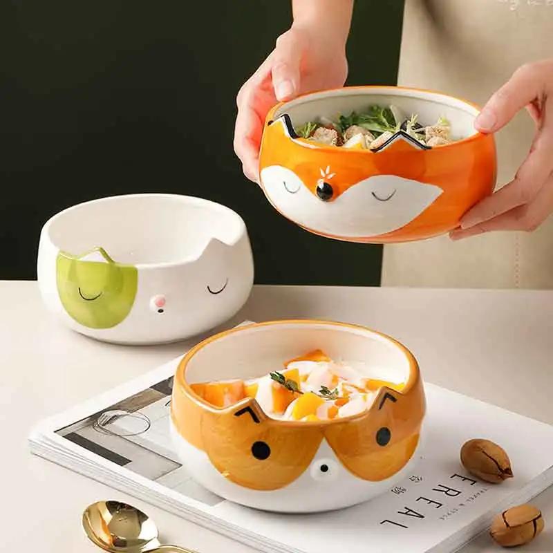 Hand Painted Fox Cat Dog Bowls Cute Animal Bowl for Salad Fruit Noodle Rice Soup Creative Underglaze Ceramic Children Tableware