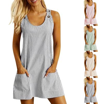 Women's Round Neck Pockets Striped Back Button Casual Fashion Dress Short
