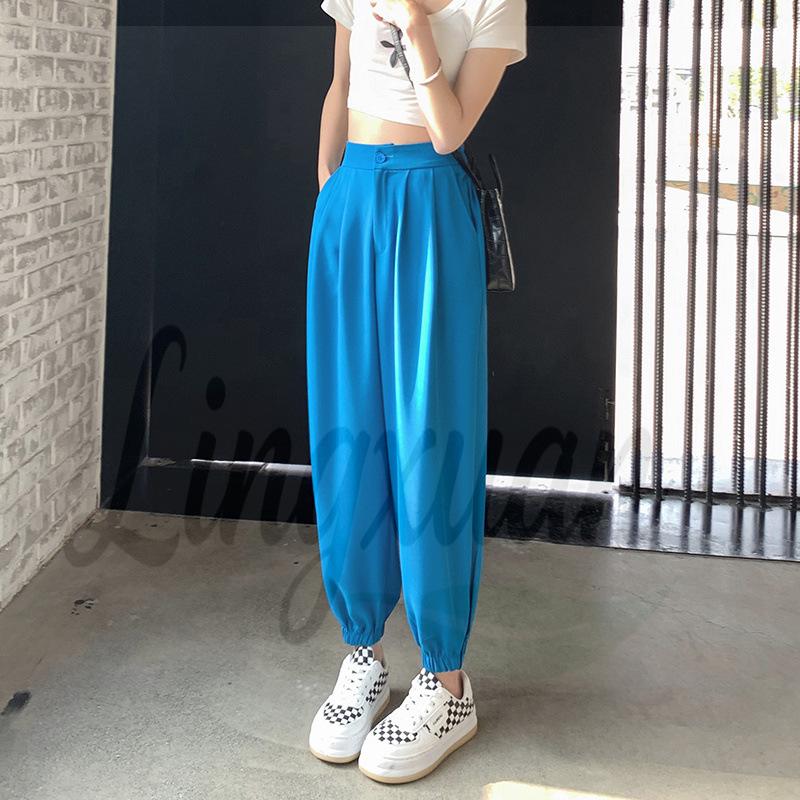 

Women s Summer Ice Silk High Waist Harem Pants - Black, Petite, Ankle-Tied, Trendy Drape Design Medium синій