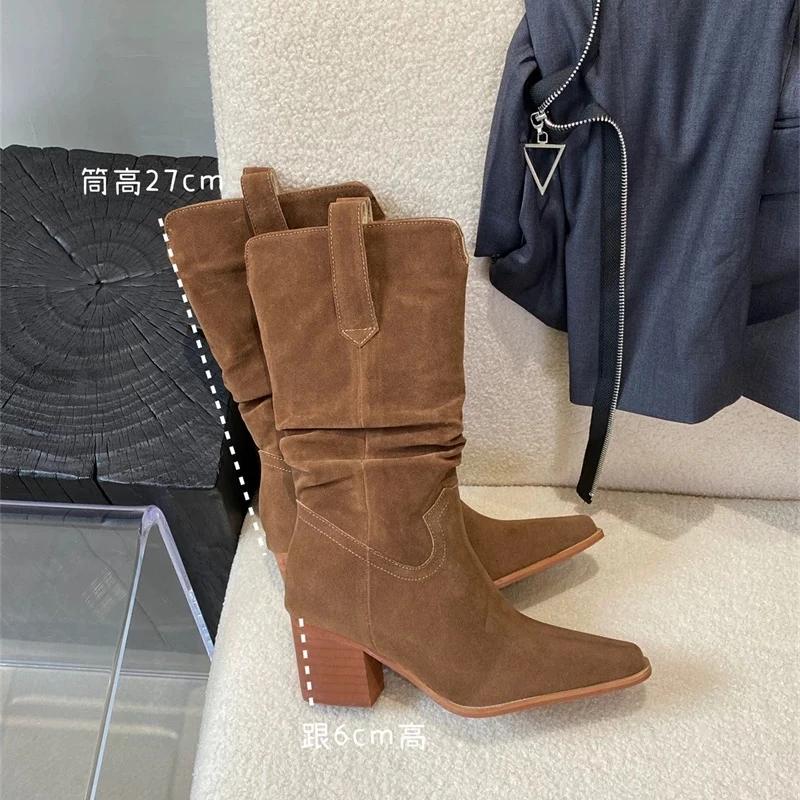 Women's Boots 2024 Classic New Pointed Toe Women's Mid Calf Boots Solid Simple Suede Platform Boots Botas Altas Plataforma Mujer