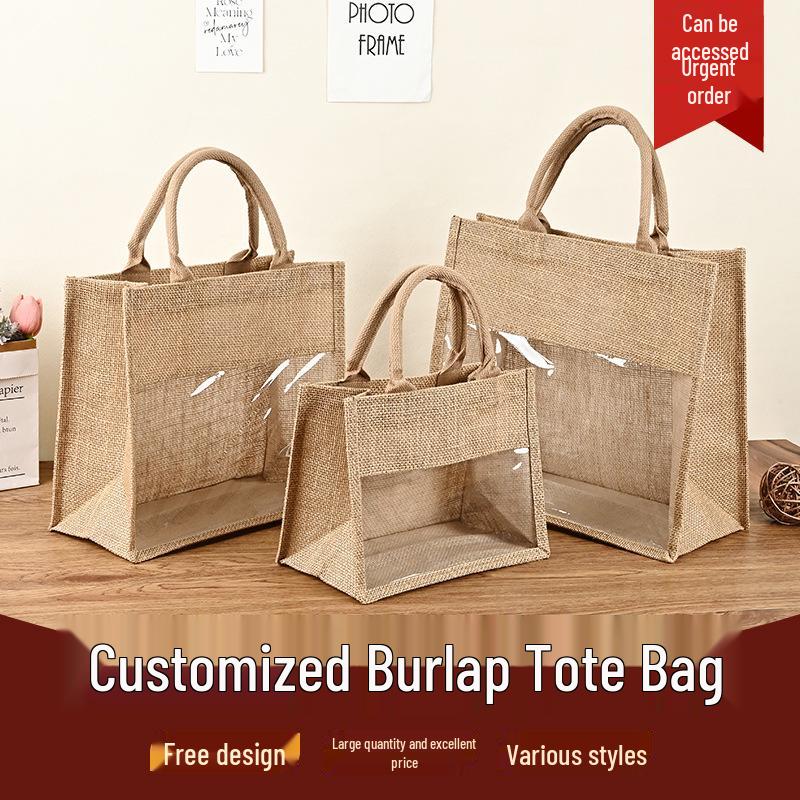 Borsa in Juta e Lino Personalizzata Ecologica: Finestra Trasparente in PVC e Borsa di Juta
