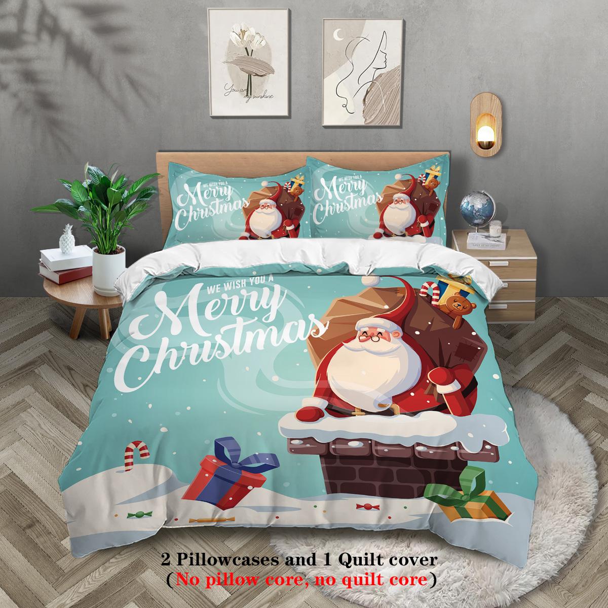 

3-Piece Christmas Themed Santa Claus Snowman Print (1 Duvet Cover+2 Pillowcases, No Core) Soft Bedding Set 135x200cm-EU-Single