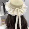 Sweet and Cute Mori Big Eaves Soft Girl Lace Bow Streamer Hat Lolita Travel Sunscreen Braided Hat