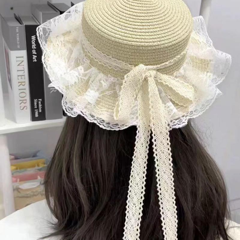 Sweet and Cute Mori Big Eaves Soft Girl Lace Bow Streamer Hat Lolita Travel Sunscreen Braided Hat