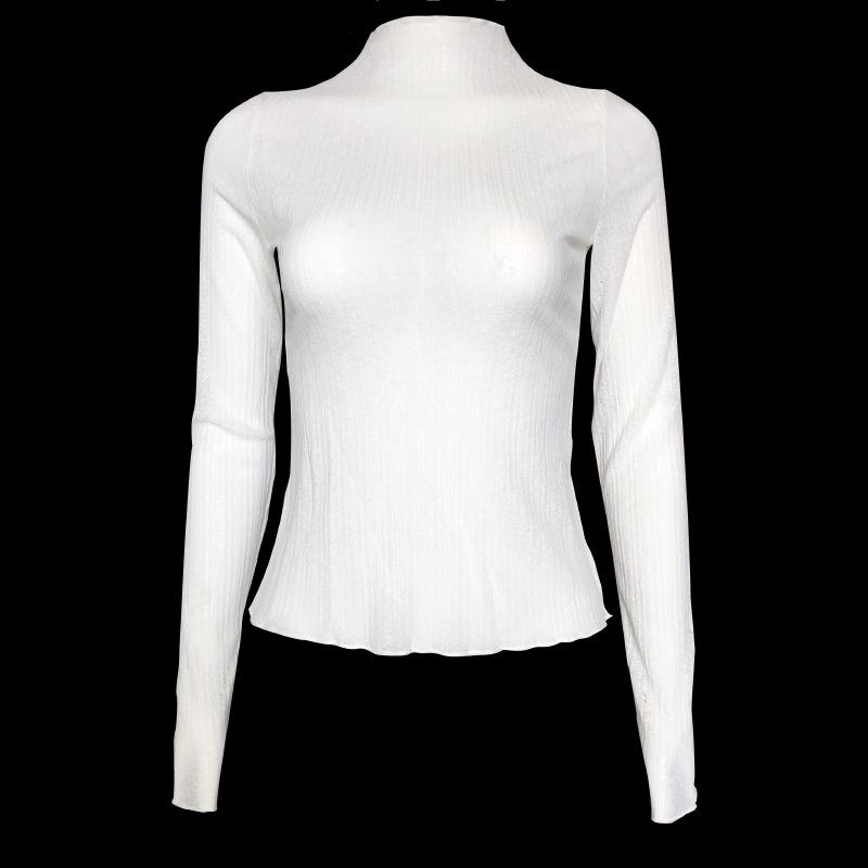 Long-Sleeve Mesh See-Through High-Neck Slim-Fit Women's Top