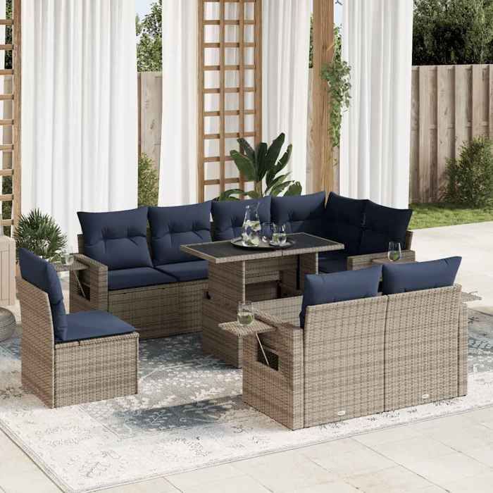 VidaXL Garden Furniture Set with Cushions 9pcs Grey Woven Resin, Outdoor Sofa Set, Garden Lounge 3326502