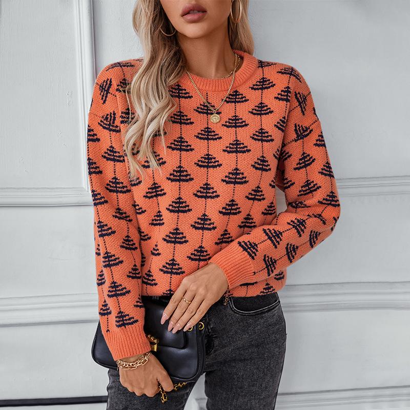 European and American Fashion Jacquard Pullover Sweater for Women Autumn and Winter New Loose Round Neck Long Sleeve Versatile Sweater