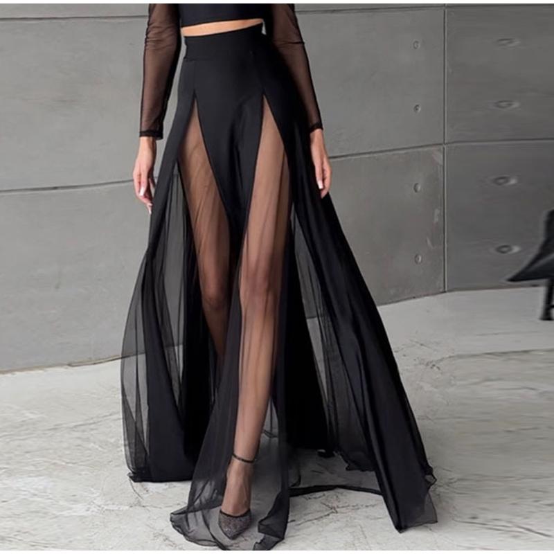 Trendy Two-piece Set Female Casual V-neck Black Long Sleeves Tops Fashion Wrap Hips A-line Mesh Skirts for Women