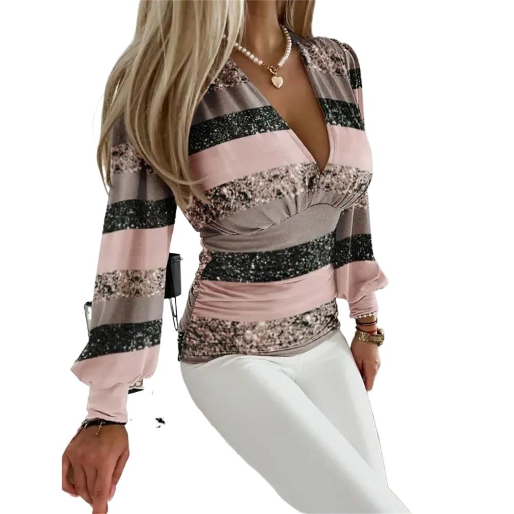 

GMXIA Женские модные повседневные летние блузки и рубашки с v-образным вырезом и длинными рукавами в полоску с принтом XXL хаки