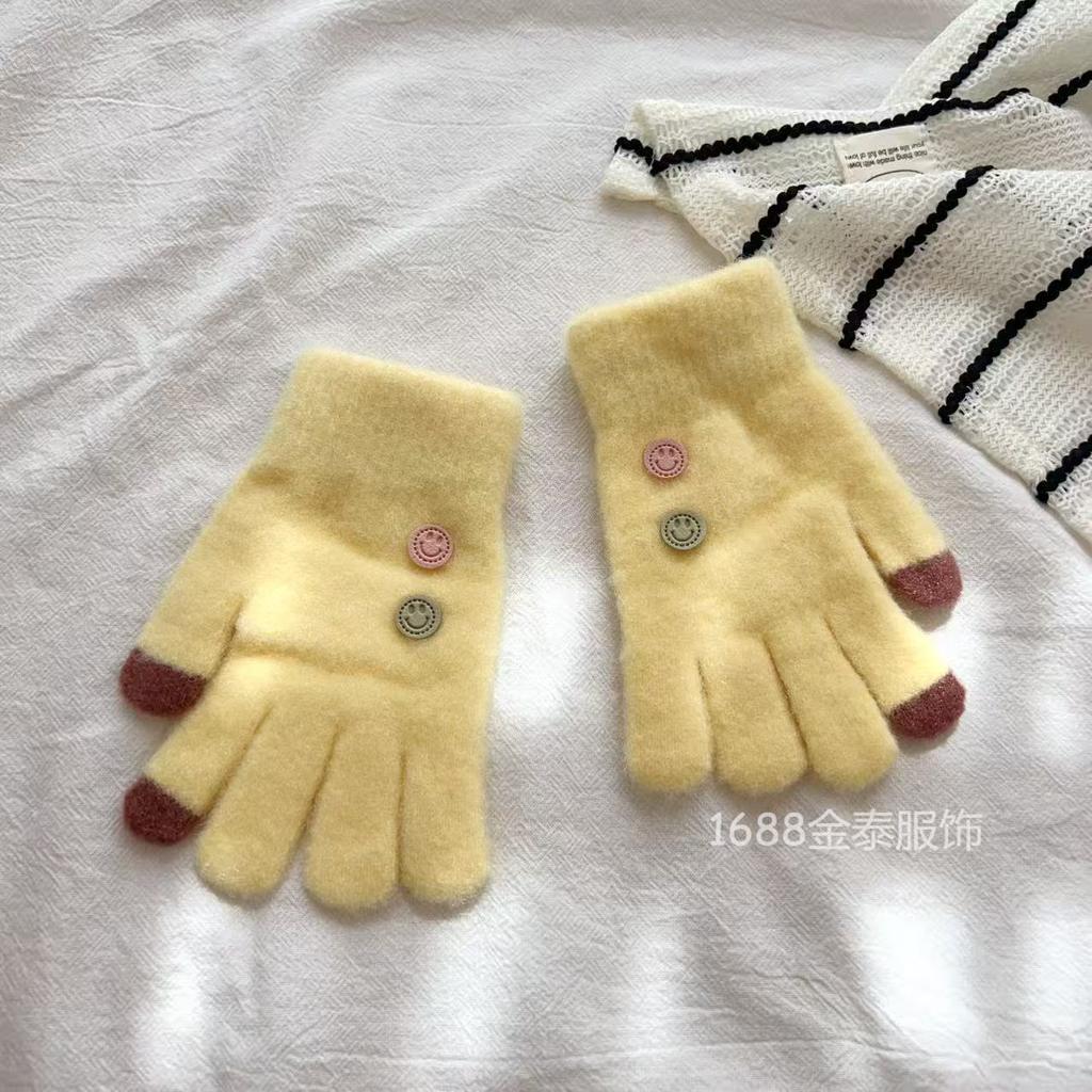 7-12 Year Old Children Button Five Fingers Warm Korean Version Smiley Face Baby Wool Boys and Girls Students Cold-proof Knitted Gloves