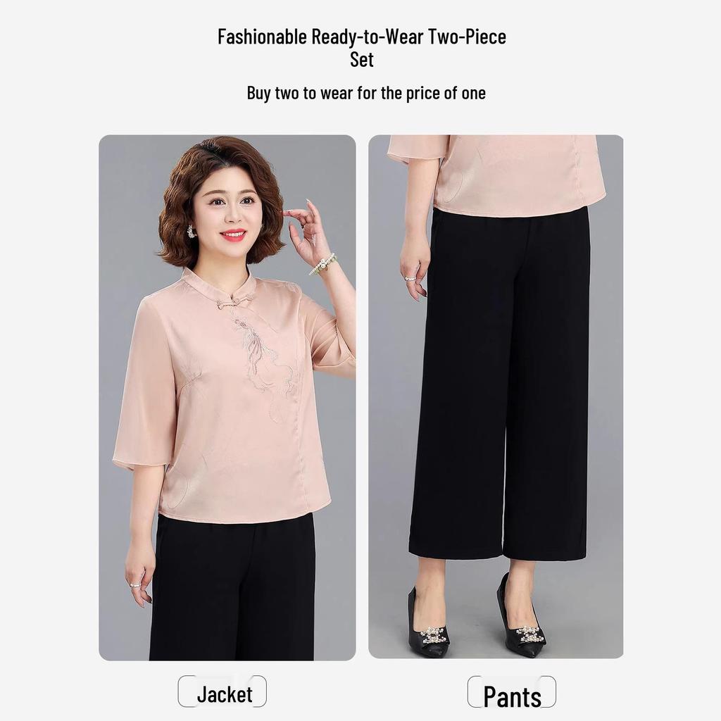 Mom's Summer 2026 Embroidered Two-Piece Set: Short-Sleeved Top and Thin-Style Pants for Middle-Aged Women