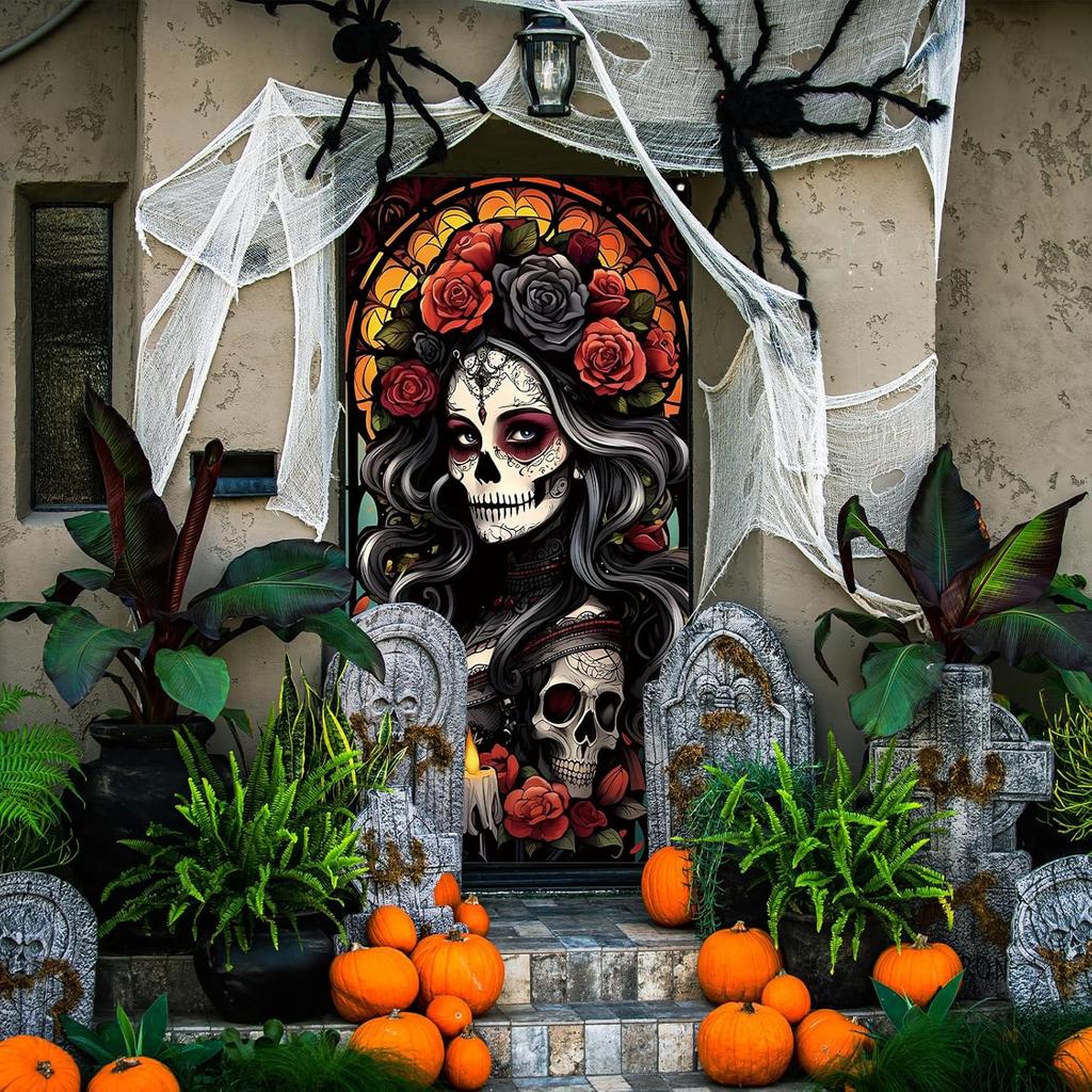 Day of The Dead Door Cover Dia De Los Muertos Boor Banner Backdrop Sugar Skull Rose Altar Mexican Fiesta Party Decorations