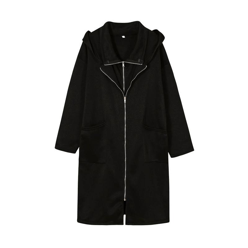 Hooded Pocket Hoodie Zipper Mid Length Fake Two Piece Loose Jacket for Women