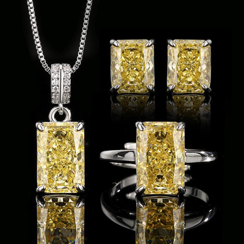 2025 Inlay-Diamant Schmuck Schmuckset Ohrringe Halskette Ring Rechteckiger Gelber Diamant High-End Mode Damen