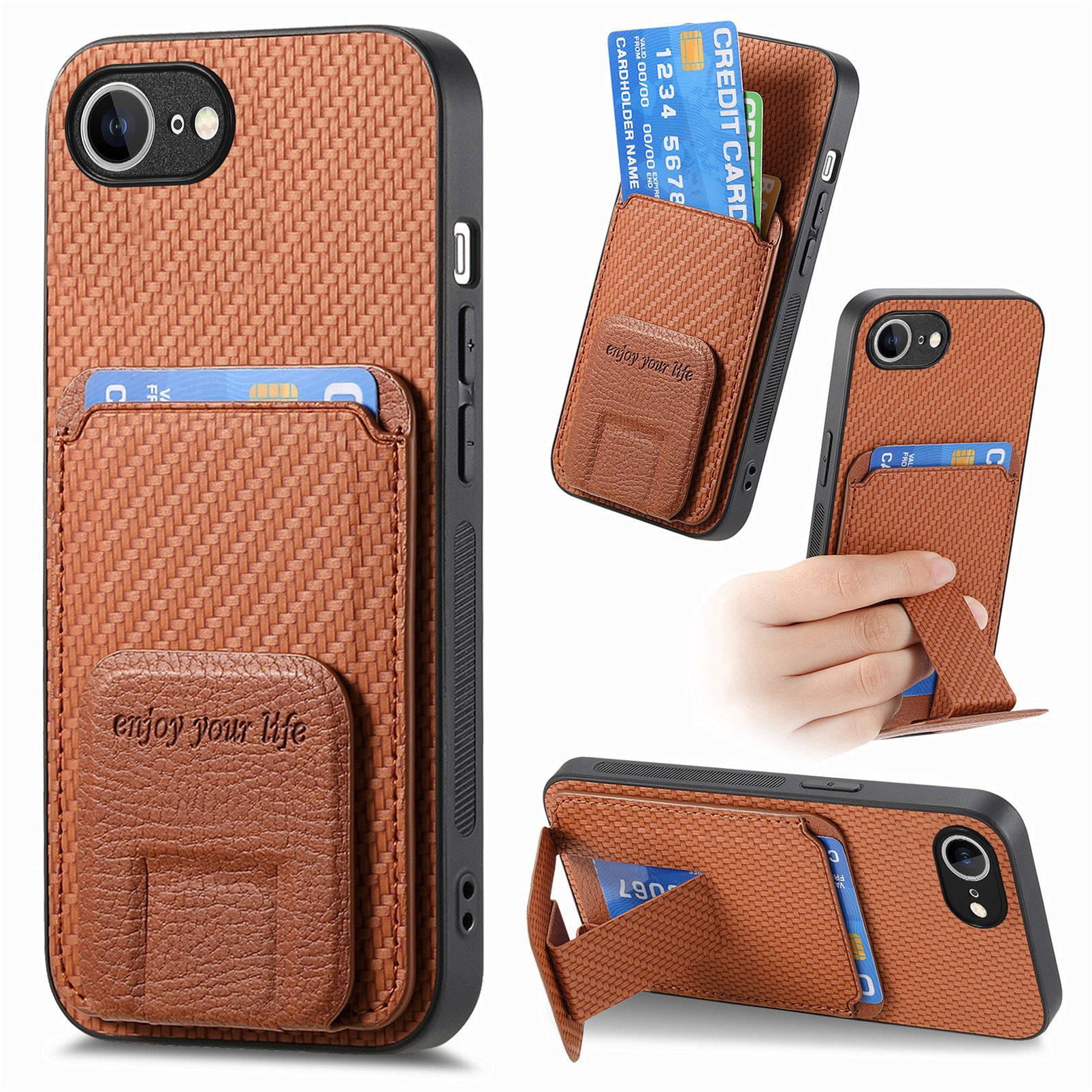 

For iPhone 16e Case Card Holder Carbon Fiber Texture Leather Coated TPU Phone Cover Brown