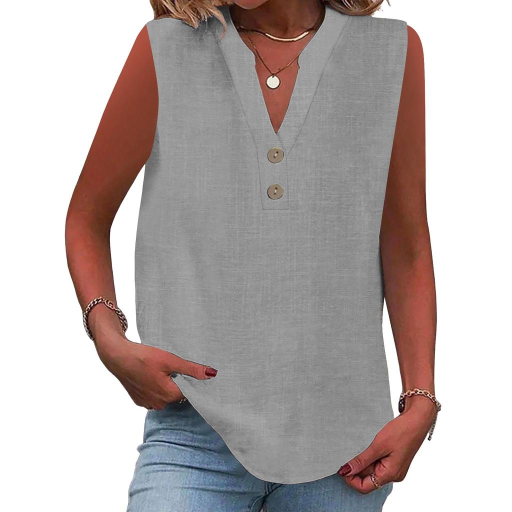 Women's Fashion Loose Standing Collar Button Cotton T-Shirt Solid Color Sleeveless Top