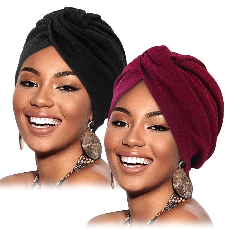 

2PCS/LOT Women Pleated Twist Knot Turban Elastic Chemo Cap Hijab Bonnet Headwear Beanie Cap Hat For Cancer Hair Loss Accessories One Size