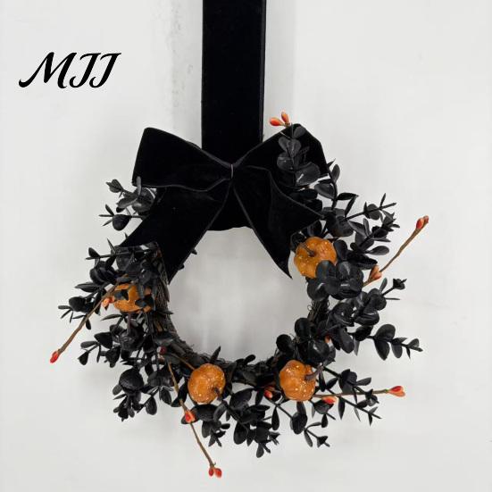 Halloween Shop Window Decor Wreath for Front Door, 9 Inch Pumpkin with Black Berry Velvet Bow Home Porch Holiday Party