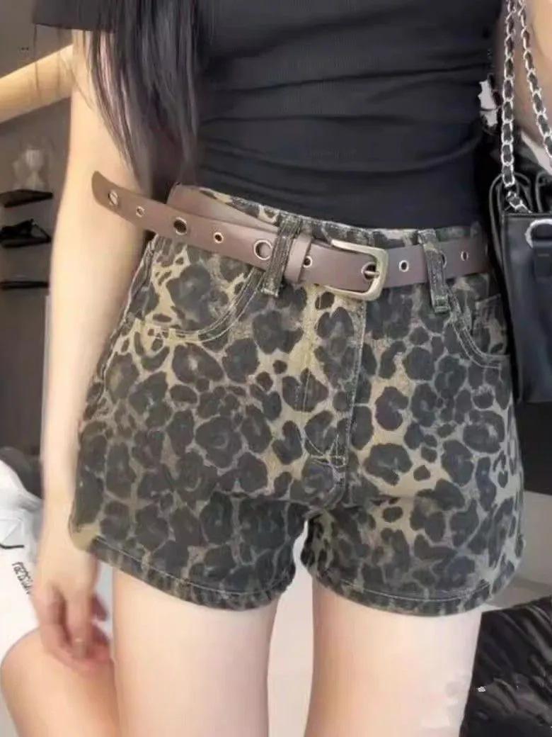

Американские сексуальные джинсовые шорты с леопардовым принтом с низкой посадкой в стиле Y2K для женщин - Тренд лета 2025 L цветной печати леопарда