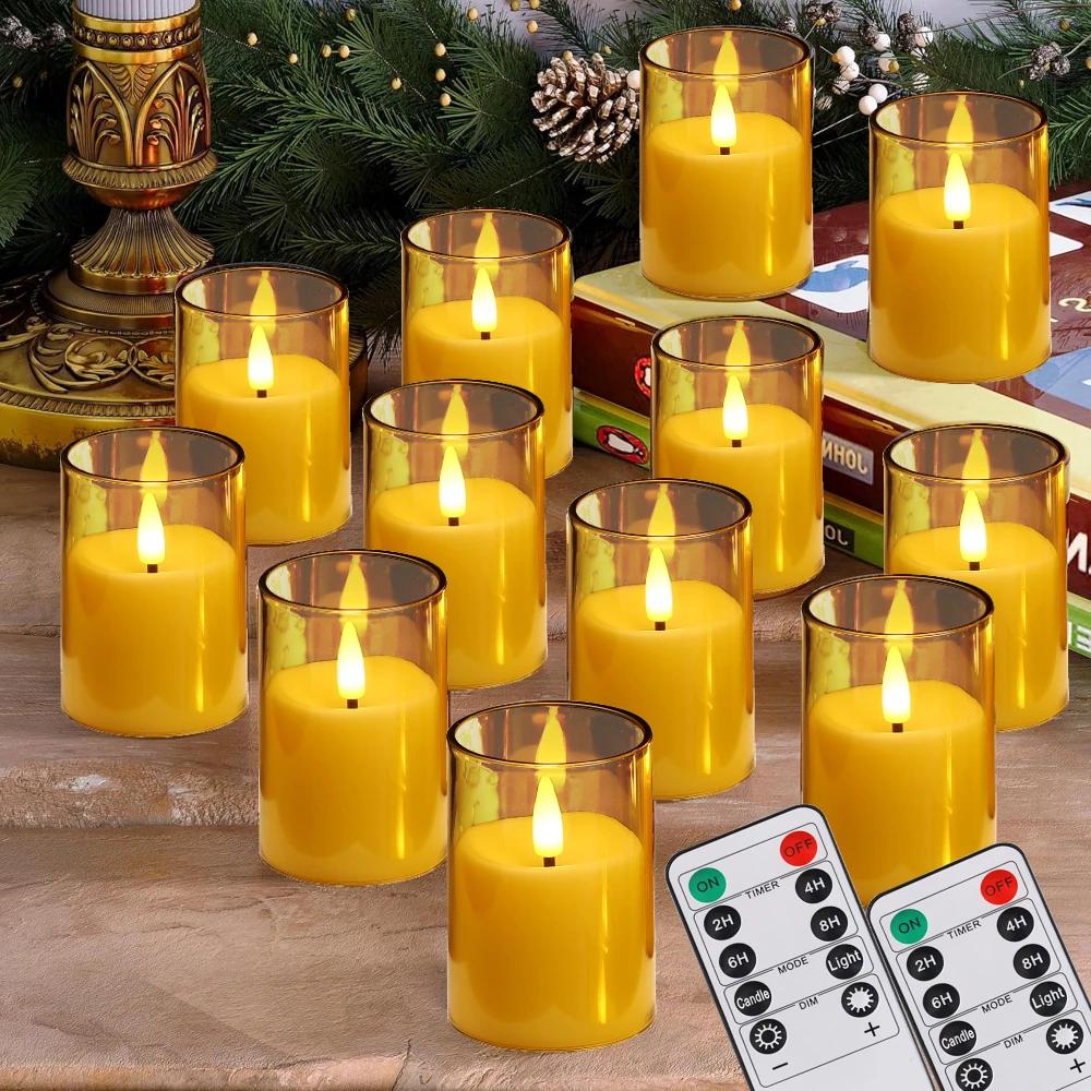 Set of 6/12 Acrylic Flameless Flickering LED Candles with Remote & Timer 3D Wick Pillar Electronic Candles for Wedding Christmas