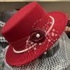 Autumn and Winter European and American Flower Top Hat Flat Top Hong Kong Style Senior Gentleman's Hat Styling Pearl Mesh Felt Hat