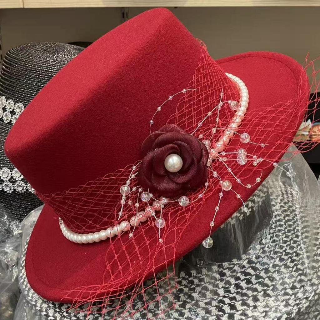 Autumn and Winter European and American Flower Top Hat Flat Top Hong Kong Style Senior Gentleman's Hat Styling Pearl Mesh Felt Hat