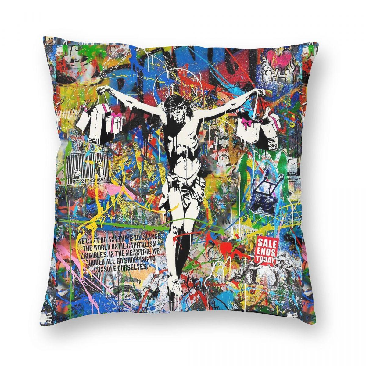 

Banksy Jesus Pop Street Art Mashup Square Pillowcase Polyester Linen Velvet Printed Decor Throw Pillow Case Sofa Seater Cover 30cmx30cm
