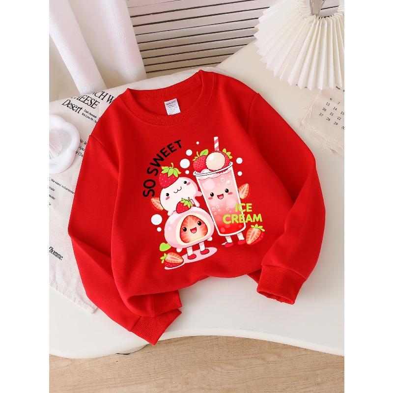 European Sizes Girls Soft Crewneck Sweatshirt Sweet Strawberry Ice Cream Cartoon Print, Casual All-Match, Ideal Holiday Present
