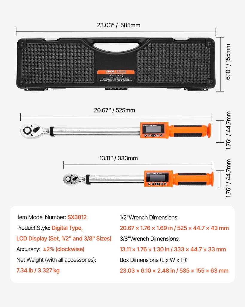 VEVOR Digital Torque Wrench Set, 2 Pieces, 1/2, 3/8 Inch Drive, 72-Tooth, ±2% High Accuracy Electronic Torque Wrench with Preset Value