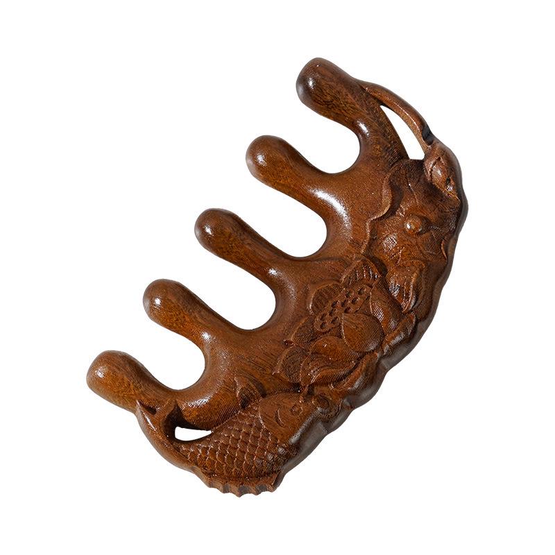 Lotus Fish Wide-Tooth Sandalwood Massage Comb - Ancient Chinese Style Carved Wooden Comb 100x58 mm