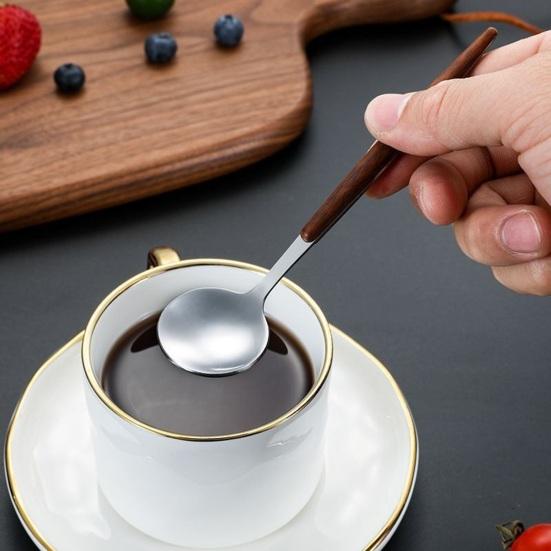 Kaffeskje i rustfritt stål med håndtak i trestruktur, Liten røreskje, Rustikk teskje for dessert og iskrem, Kjøkkenverktøy