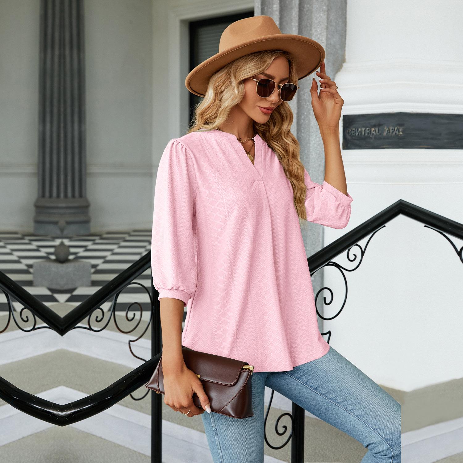 

GMXIA Женские модные повседневные однотонные блузки и рубашки с v-образным вырезом и рукавом 3/4 с принтом XL розовый