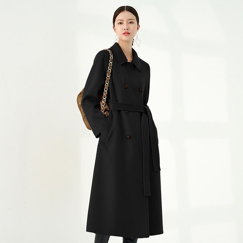 Women's Long Double-Faced 100% Pure Cashmere Ripple Coat with Horn Buttons for Autumn/Winter